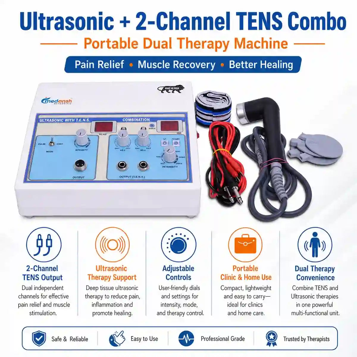 Ultrasonic 2ch TENS combo feature highlights – 1MHz ultrasound, 2-channel TENS, digital display, portable design