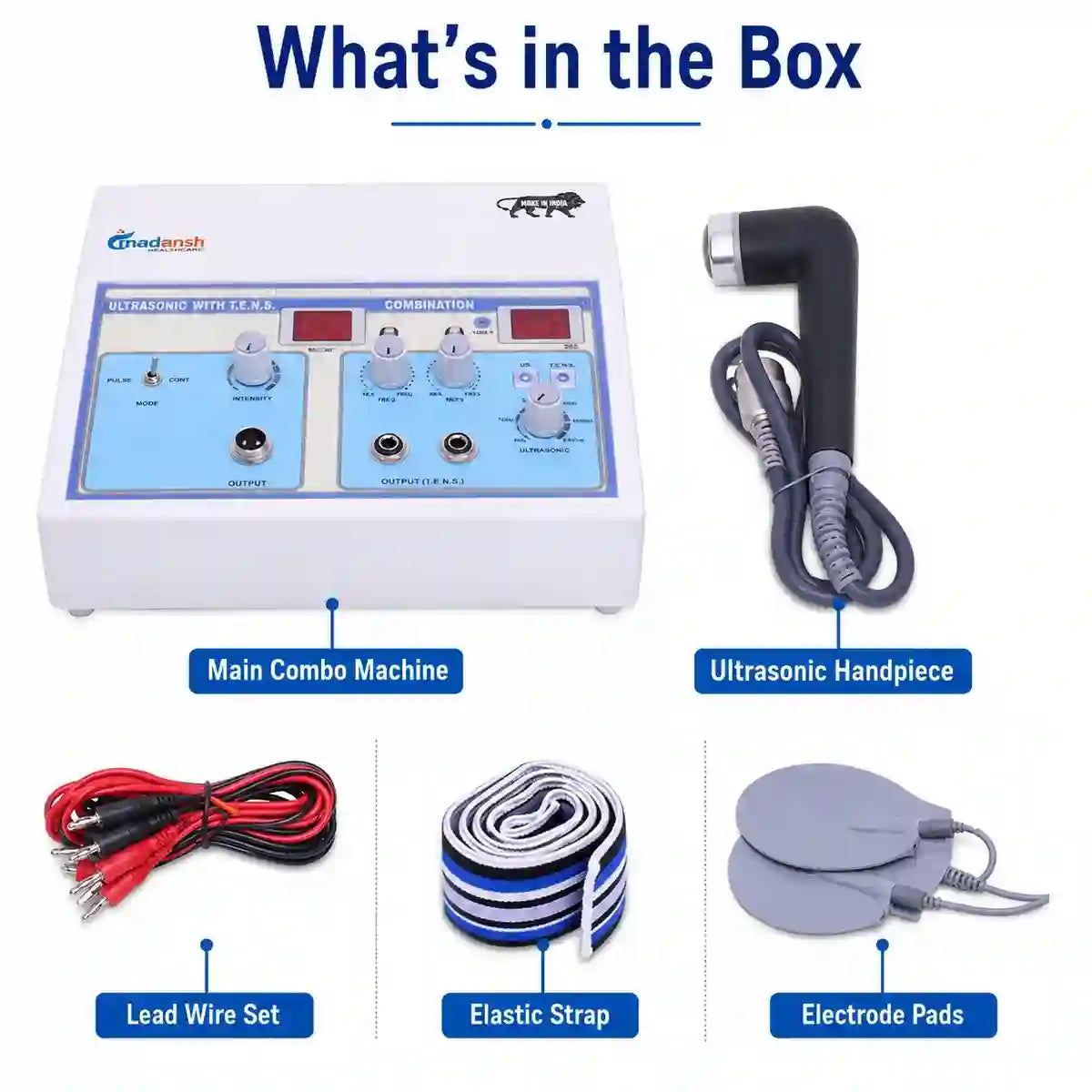Ultrasonic 2-channel TENS combo what’s in the box – main unit, ultrasound probe, electrode pads, lead wires and gel