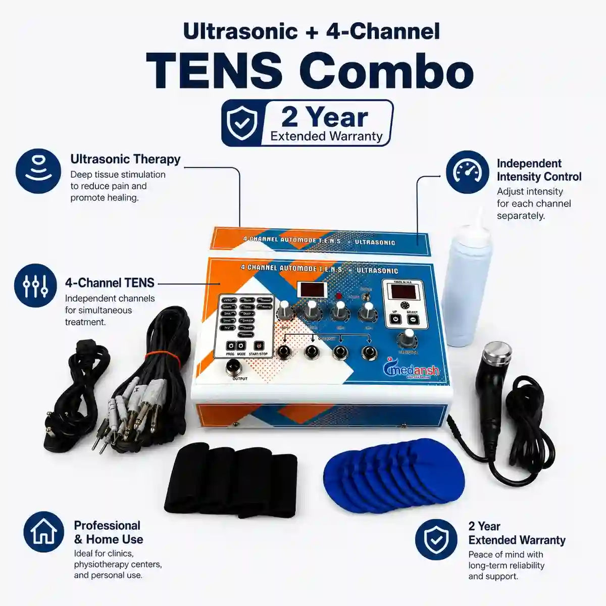 Ultrasonic 4ch TENS 2-year warranty feature highlights – same clinical specifications with double warranty period
