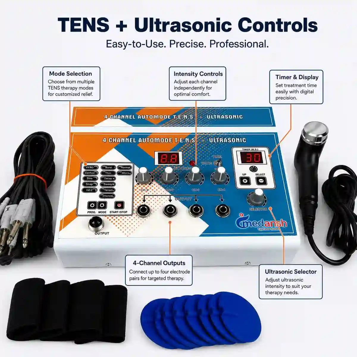 Ultrasonic 4ch TENS 2-year warranty target areas and benefits – shoulder, back, hip, knee pain treatment