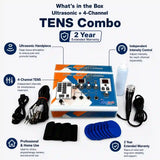 Ultrasonic 4ch TENS 2-year warranty what’s in the box – main unit, probe, electrode pads, lead wires and gel