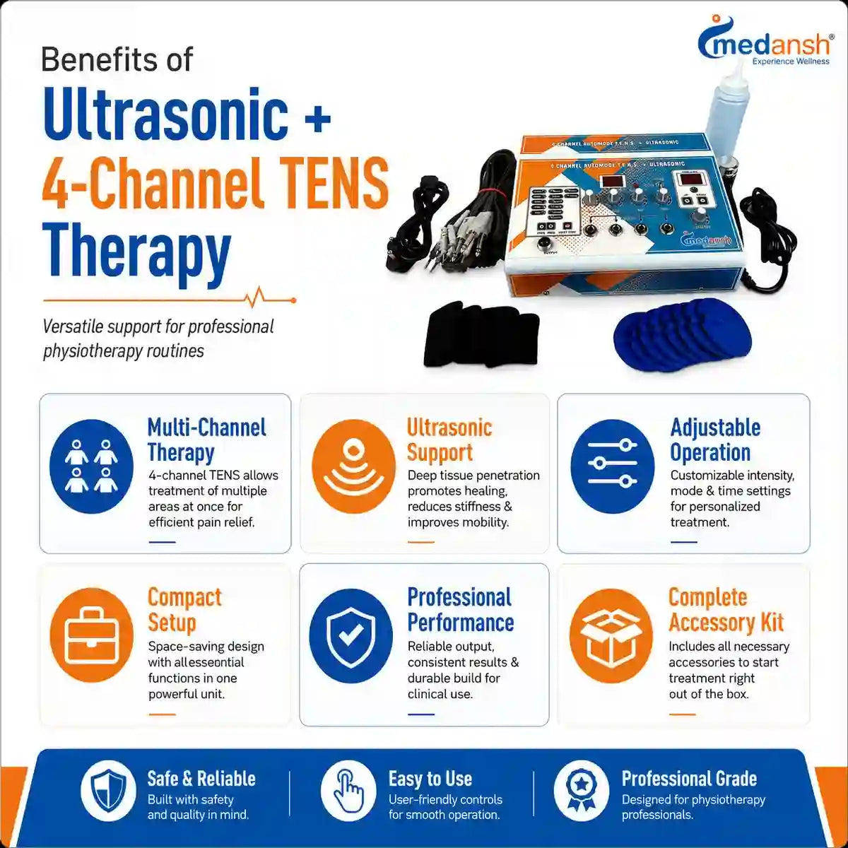 Ultrasonic 4-channel TENS combo benefits – deep tissue healing ultrasound and 4-channel pain relief electrotherapy