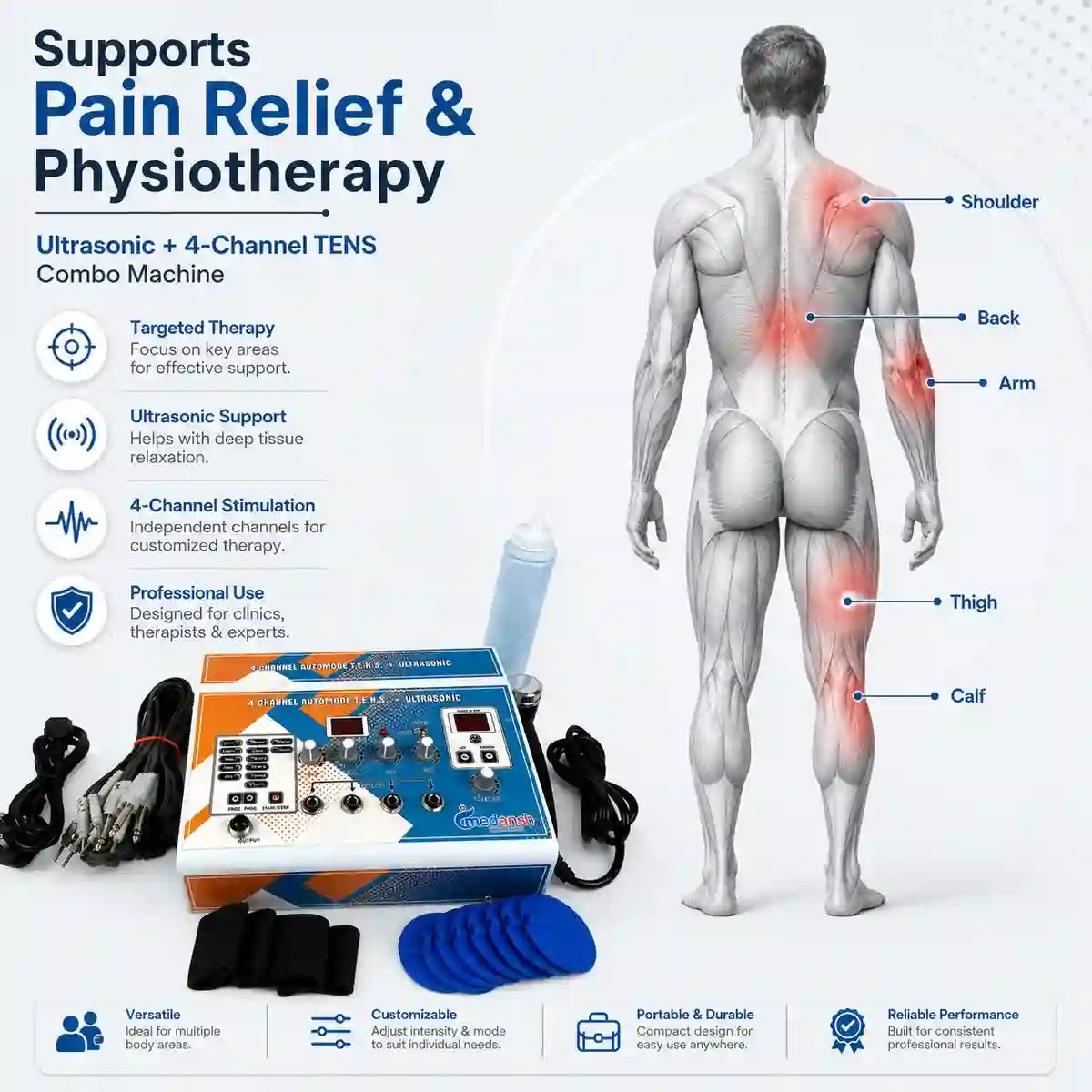 Ultrasonic 4-channel TENS combo target areas – back knee shoulder ankle joint pain treatment zones