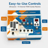 Ultrasonic 4-channel TENS machine controls closeup – ultrasound power, frequency and intensity settings
