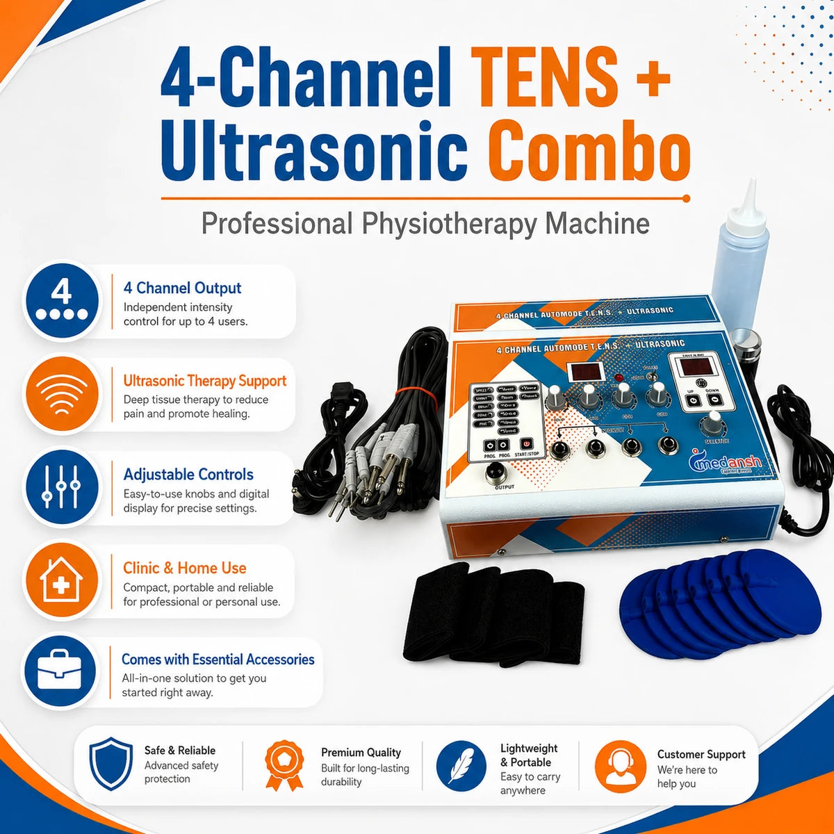 Ultrasonic 4ch TENS combo machine feature highlights – 1MHz ultrasound, 4 independent TENS channels, LCD display