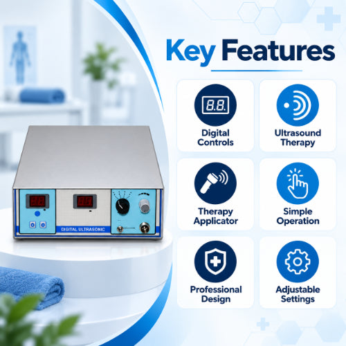ultrasonic digital machine key features including digital controls, ultrasound therapy, therapy applicator, simple operation and adjustable settings