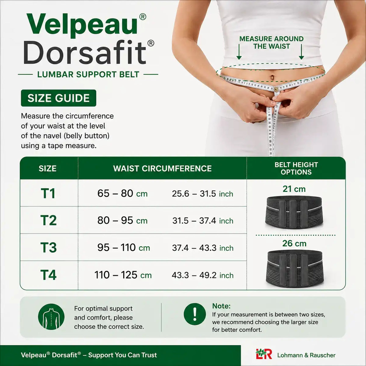 Velpeau Dorsafit lumbar support belt size guide showing T1 to T4 waist measurements
