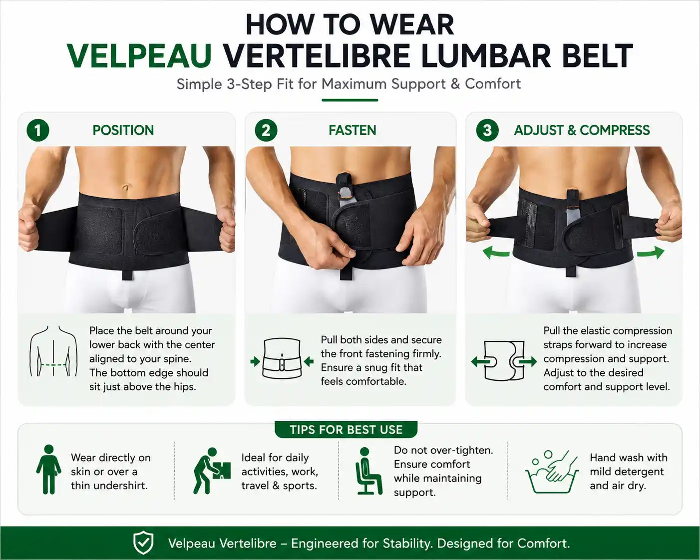 How to wear and adjust Velpeau Vertelibre lumbar support belt in three steps