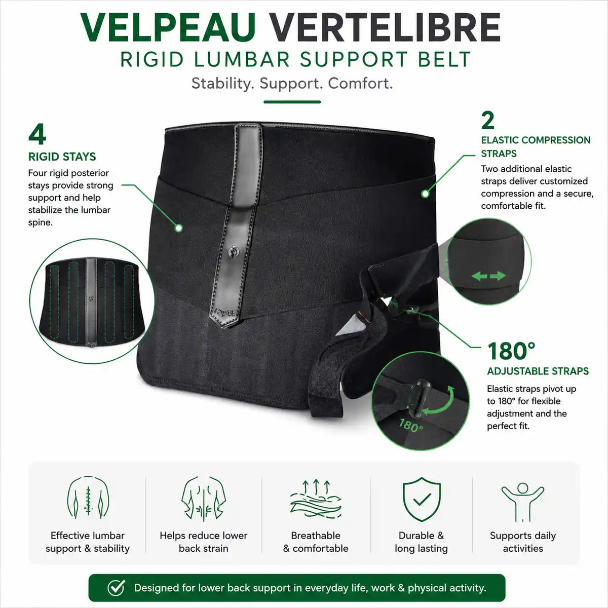 Velpeau Vertelibre lumbar support belt showing rigid stays and adjustable compression straps