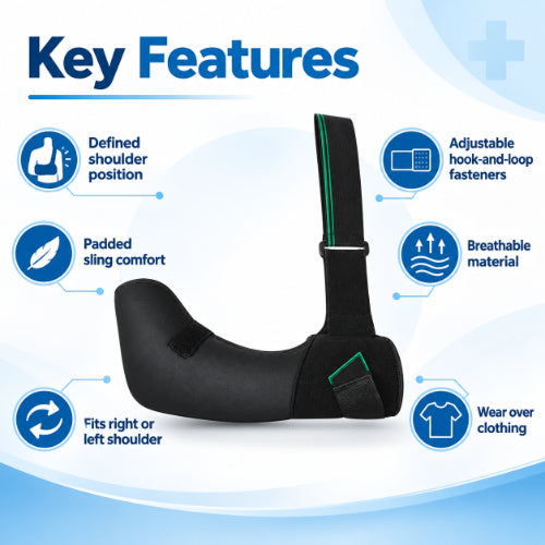 shoulder and arm immobilization orthosis key features including defined shoulder positioning, padded sling comfort, adjustable hook-and-loop fasteners and breathable material