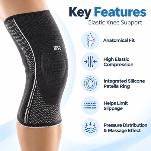 velpeau genu comfort elastic knee support key features including anatomical fit, high elastic compression, silicone patella ring, anti-slip support and pressure distribution