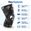 velpeau ligaction pro knee brace key features including open hinged design, dual-axis side supports, adjustable straps and bilateral knee fit