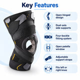 velpeau ligaction pro knee brace key features including open hinged design, dual-axis side supports, adjustable straps and bilateral knee fit