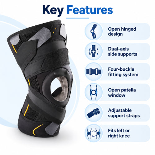 velpeau ligaction pro knee brace key features including open hinged design, dual-axis side supports, adjustable straps and bilateral knee fit