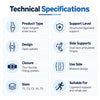 velpeau ligaction pro knee brace technical specifications with open patella design, dual-axis articulated hinges, four-buckle closure and multiple size options