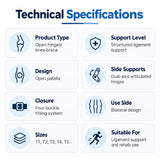 velpeau ligaction pro knee brace technical specifications with open patella design, dual-axis articulated hinges, four-buckle closure and multiple size options