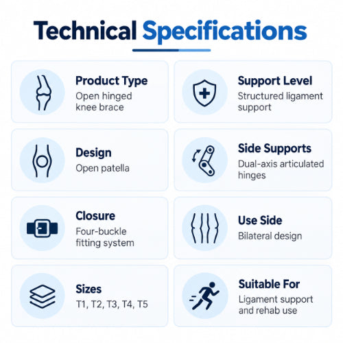 velpeau ligaction pro knee brace technical specifications with open patella design, dual-axis articulated hinges, four-buckle closure and multiple size options