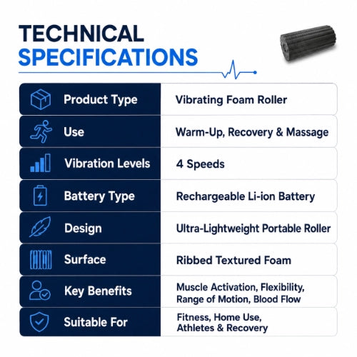 vibrating foam roller technical specifications with 4 speed vibration rechargeable battery and textured foam surface