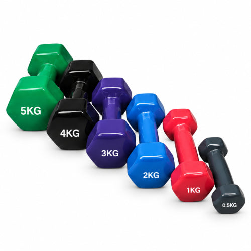 multicolour vinyl dumbbell set with 0.5 kg, 1 kg, 2 kg, 3 kg, 4 kg and 5 kg weight options for strength training