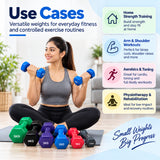 vinyl dumbbell set use cases for home strength training, arm and shoulder workouts, aerobics, toning and physiotherapy rehabilitation