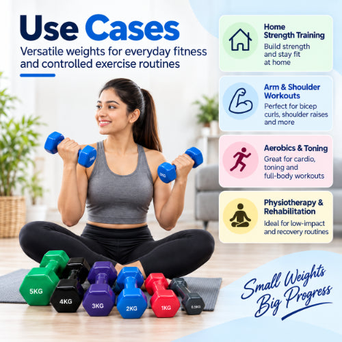 vinyl dumbbell set use cases for home strength training, arm and shoulder workouts, aerobics, toning and physiotherapy rehabilitation