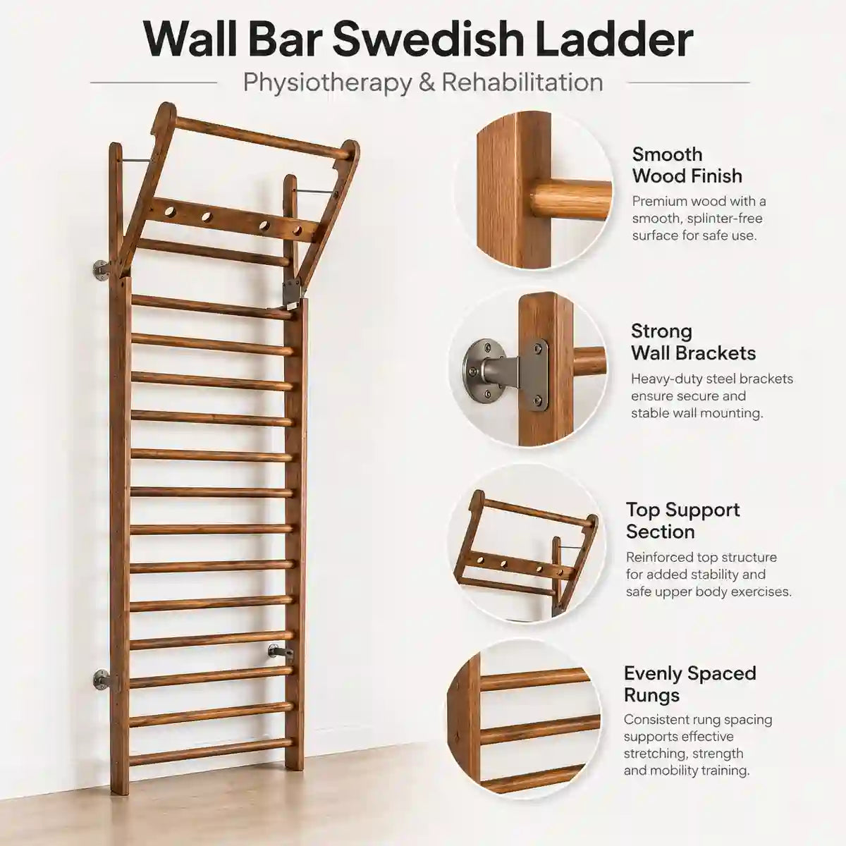 Wall bar Swedish ladder closeup highlights – smooth rounded bars secure wall bracket