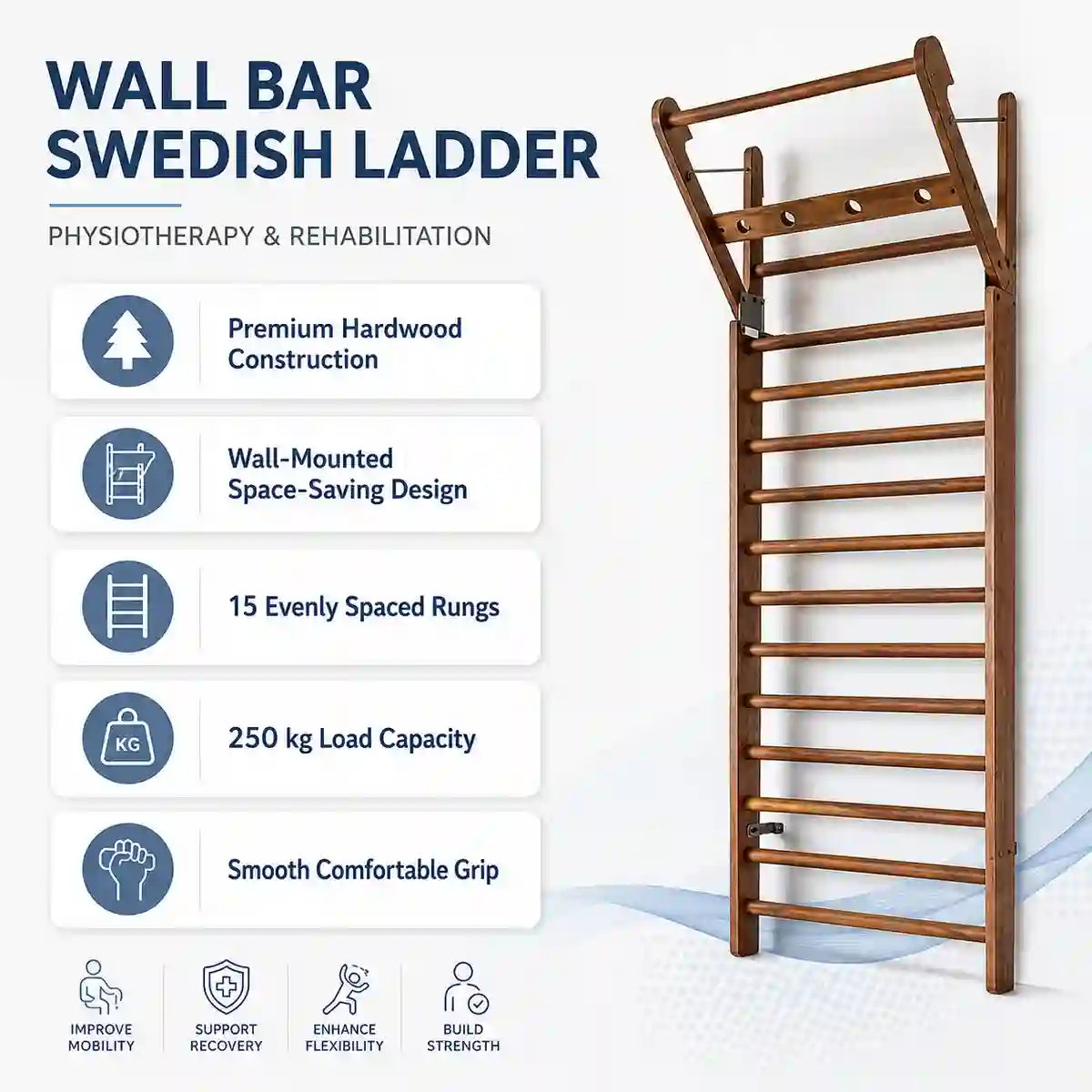Wall bar Swedish ladder key features – solid wood construction wall mounted physiotherapy bars