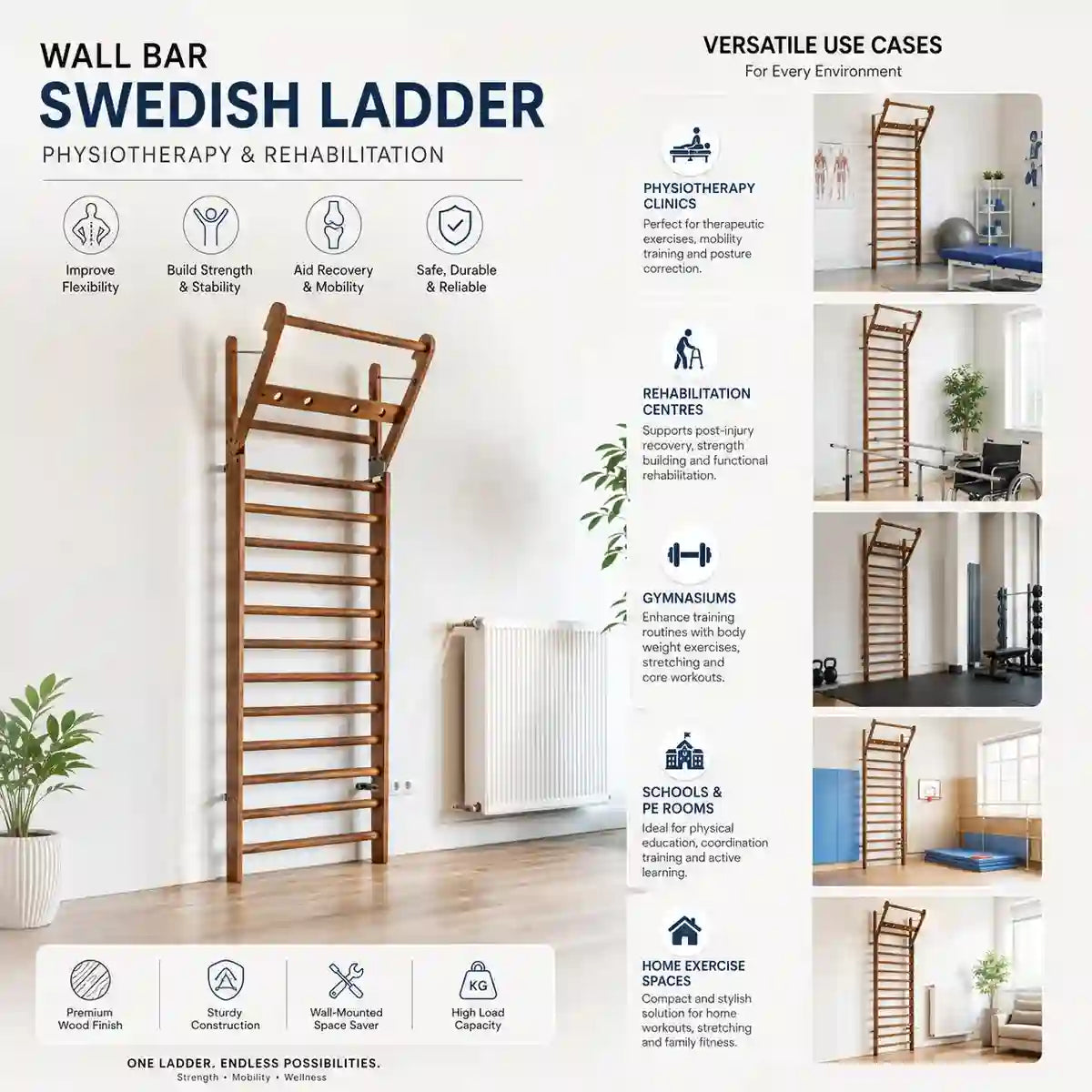 Wall bar Swedish ladder use cases – stretching hanging core exercises physiotherapy clinic home