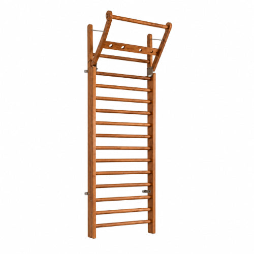 wall bar swedish ladder for physiotherapy & rehabilitation product image isolated on white background showing wooden wall-mounted ladder with upper pull-up section