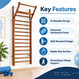 wall bar swedish ladder for physiotherapy & rehabilitation key features showing 15 wooden rungs, seasoned hardwood frame, wall-mounted design, stable grip surface, and stretching and rehab support