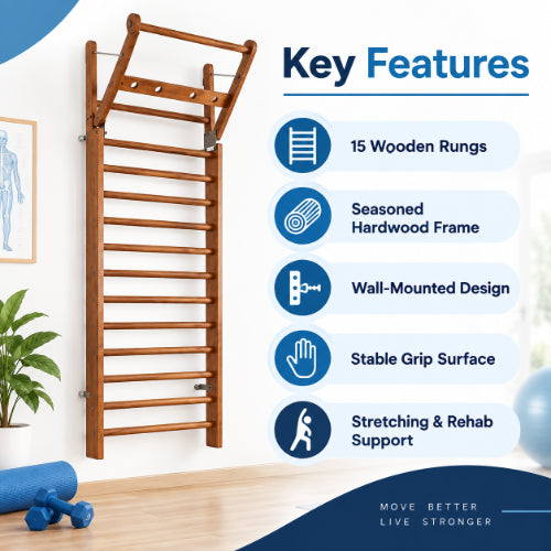 wall bar swedish ladder for physiotherapy & rehabilitation key features showing 15 wooden rungs, seasoned hardwood frame, wall-mounted design, stable grip surface, and stretching and rehab support