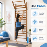 wall bar swedish ladder for physiotherapy & rehabilitation use cases showing stretching exercises, balance training, mobility rehab, and home and clinic use