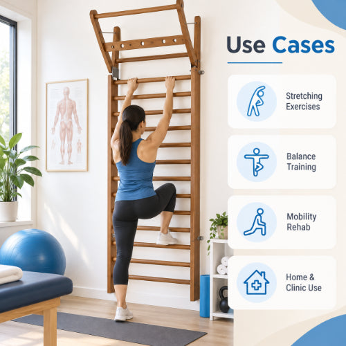 wall bar swedish ladder for physiotherapy & rehabilitation use cases showing stretching exercises, balance training, mobility rehab, and home and clinic use