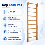 wall bars key features including 7 ft x 3 ft exercise structure, wall-mounted space-saving design, multiple rung heights and support for stretching and guided rehab