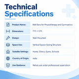 wall bars technical specifications with 7 ft x 3 ft dimensions, wall-mounted design, vertical space-saving structure and use in homes, clinics, gyms and schools