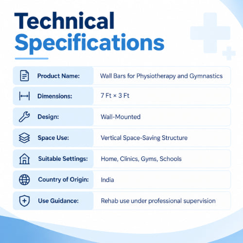 wall bars technical specifications with 7 ft x 3 ft dimensions, wall-mounted design, vertical space-saving structure and use in homes, clinics, gyms and schools