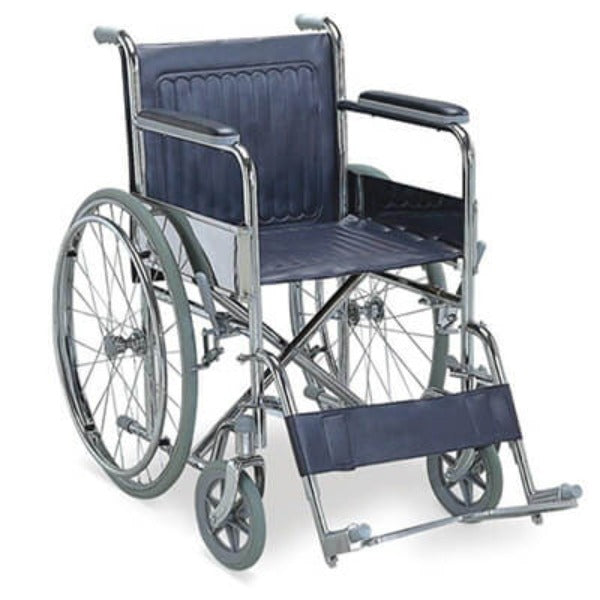 Karma wheelchair with chrome steel frame and spoke wheels, folding seat