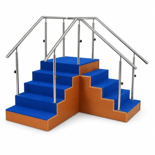 wooden corner staircase with dual-sided steps, blue non-slip surface and adjustable handrails for physiotherapy and gait training