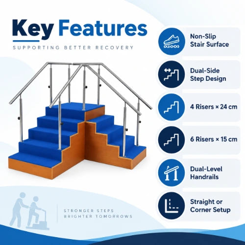wooden corner staircase key features including non-slip stair surface, dual-side step design, 4 risers x 24 cm, 6 risers x 15 cm and dual-level handrails