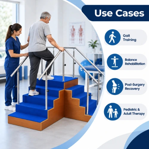 wooden corner staircase use cases for gait training, balance rehabilitation, post-surgery recovery and pediatric or adult physiotherapy