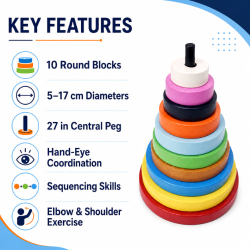 wooden pyramid round key features with 10 blocks hand eye coordination sequencing and upper limb exercise