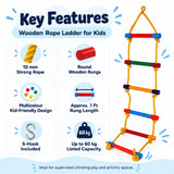 wooden rope ladder key features including 10 mm strong rope, round wooden rungs, multicolour design, s-hook and up to 60 kg listed capacity