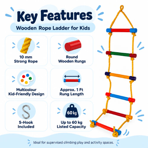 wooden rope ladder key features including 10 mm strong rope, round wooden rungs, multicolour design, s-hook and up to 60 kg listed capacity