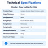 wooden rope ladder technical specifications with 10 mm rope, round wooden rungs, approximately 1 ft rung length, s-hook and 60 kg maximum listed load