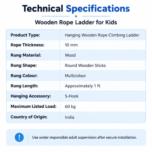 wooden rope ladder technical specifications with 10 mm rope, round wooden rungs, approximately 1 ft rung length, s-hook and 60 kg maximum listed load