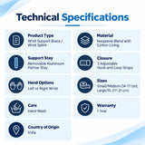 wrist support brace technical specifications with neoprene blend material, removable aluminium palmar stay, 3 hook-and-loop straps and left or right wrist options