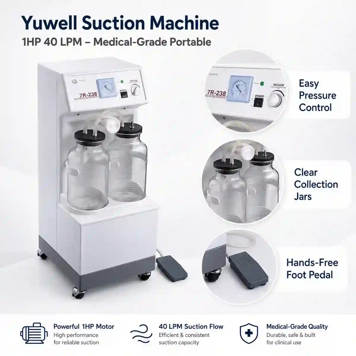 Yuwell suction machine detail highlights – collection jar overflow protection silicone tubing