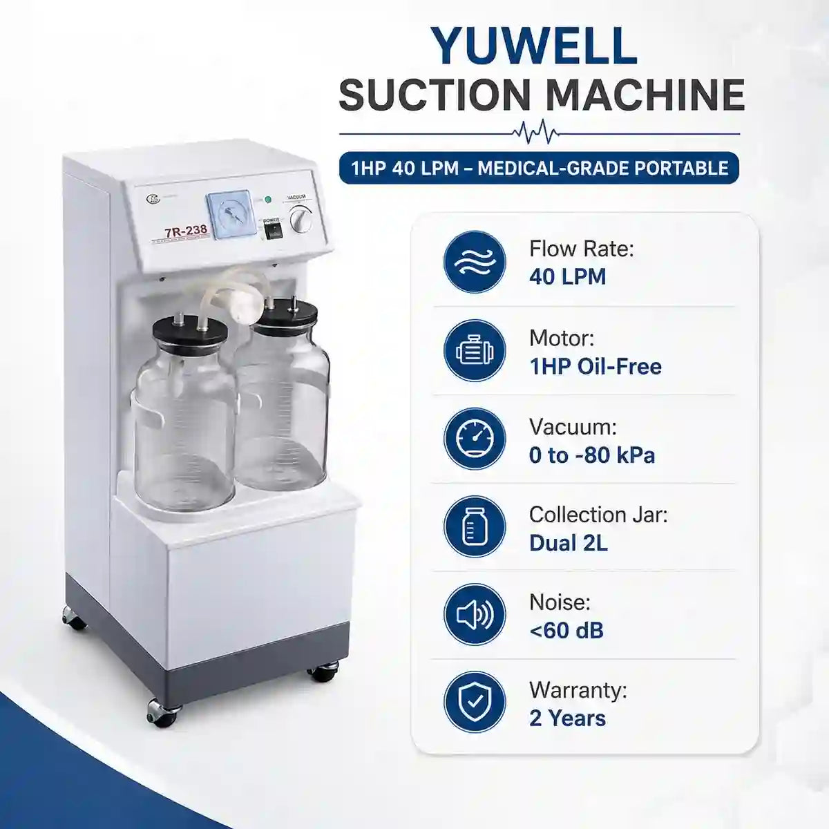 Yuwell suction machine specifications – flow rate pressure range weight power consumption
