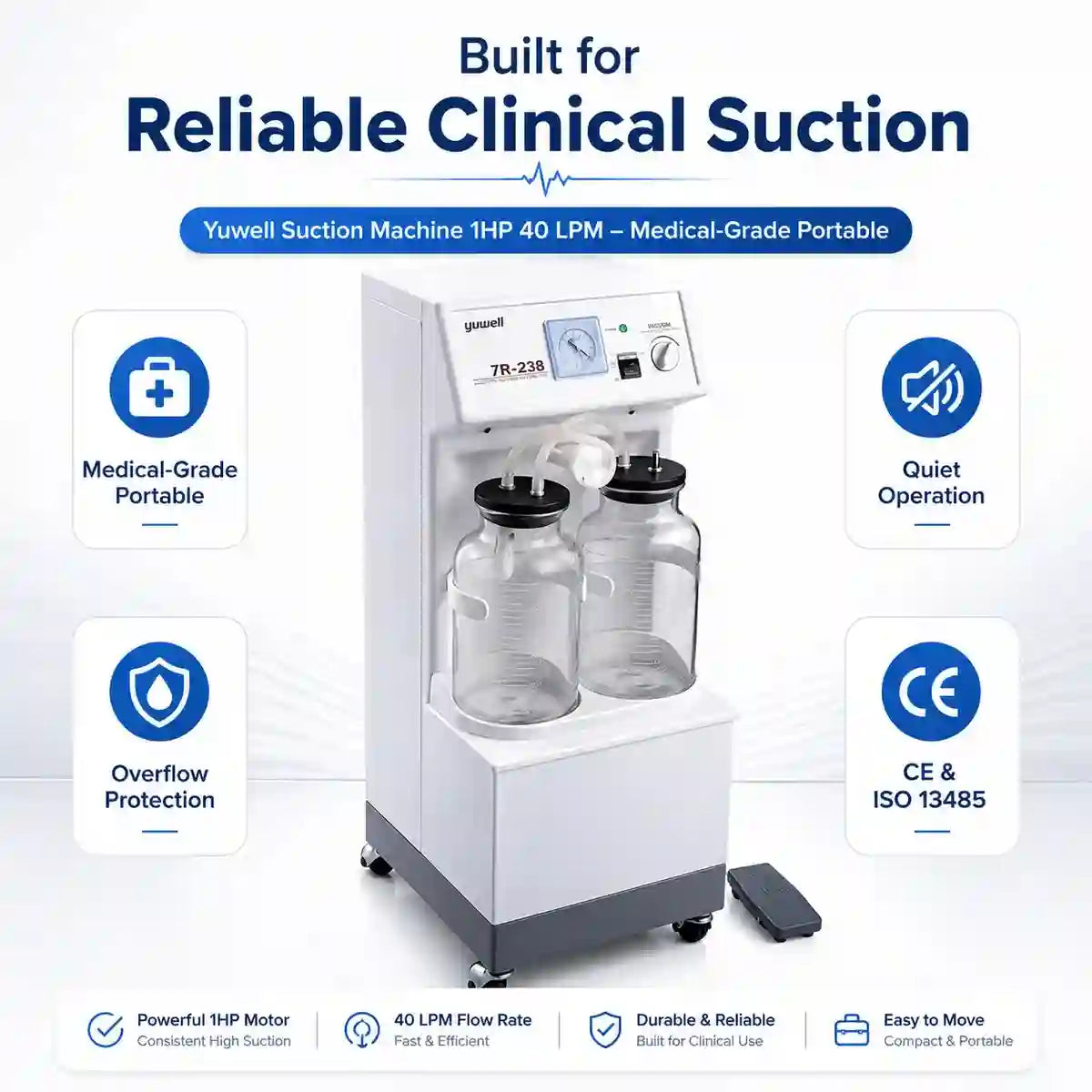Yuwell suction machine clinical trust badges – CE certified medical grade ISO quality assured