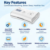yuwell yh-550 auto cpap machine key features including auto cpap technology, built-in humidifier, quiet operation, clear display, compact design and 2 year warranty